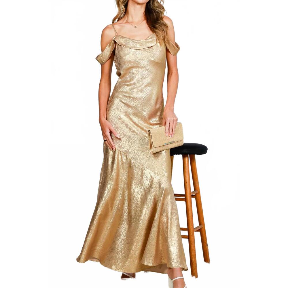 NEW VINE & LOVE off the shoulder strap metallic maxi dress in champagne